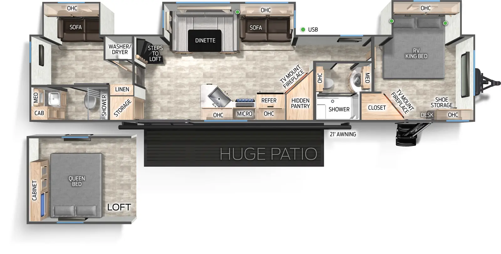 The Timberwolf 39HS floorplan has one entry and three slide outs. Exterior features include: metal exterior and 21' awning. Interiors features include: u-dinette, front bedroom and two full bathrooms.